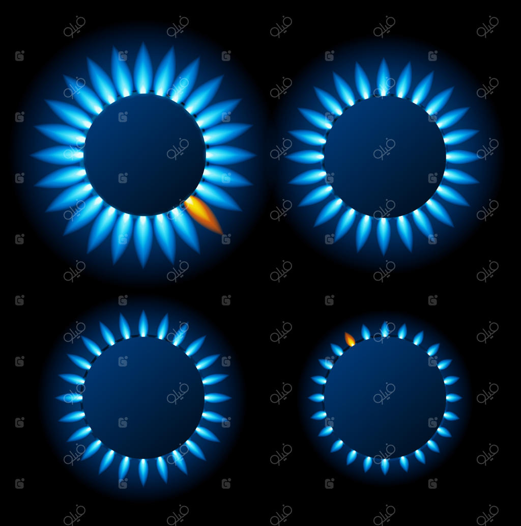 آشپزخانه سه‌بعدی واقع‌گرایانه با شعله گاز طبیعی و بازتاب‌های آبی. وکتور