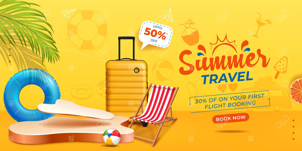طراحی بنر تخفیف سفر تابستانی با پس‌زمینه زرد و تصاویر عناصر تابستانی