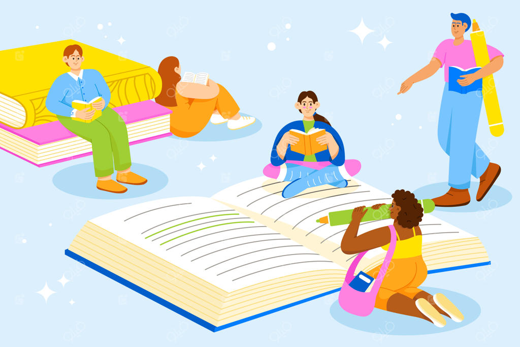 تصویرسازی باشگاه کتابخوانی با طراحی تخت و دستی