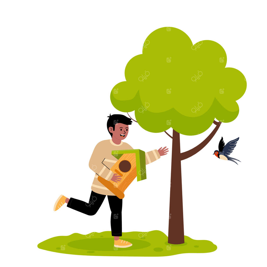 لبخند کودک هنگام گذاشتن یک لانه پرنده کنار درخت در یک باغ آفتابی