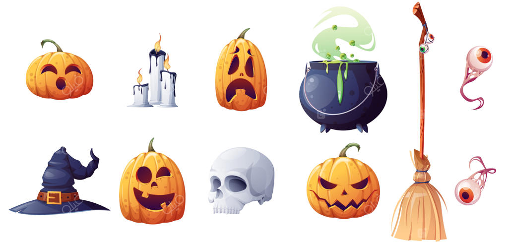 لباس جادوگر در پس‌زمینه‌ ای مجزا و کدوهای تنبل با چهره‌های کنده‌کاری شده: جاروی جادویی، دیگ سحر، کلاه، چشم‌ها و کدو. تصویرسازی کارتونی وکتور جشن هالووین جادویی