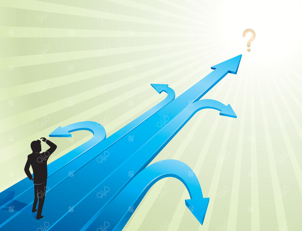 تاجر در حال مشاهده فلشی که به سمت درست اشاره دارد