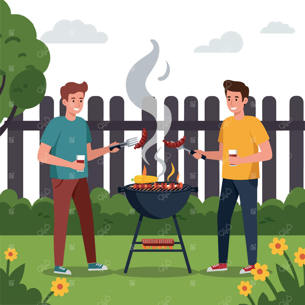 دو دوست در حال لذت بردن از یک باربیکیو تابستانی در باغی پر نشاط، همراه با جزئیات گریل و خنده