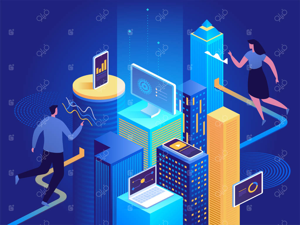 مفهوم ایزومتریک شهر هوشمند و ساختمان هوشمند: خودکارسازی ساختمان با شبکه‌های کامپیوتری. پلتفرم IoT به‌عنوان فناوری آینده. پس‌زمینه‌ای درباره سیستم‌های مدیریت.