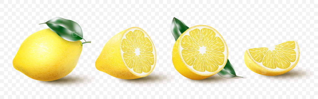 مجموعه‌ای از لیموهای واقعی با برگ سبز، به‌صورت کامل و برش‌خورده، میوه‌های تازه و ترش با پوست زرد روشن، تصویرسازی سه‌بعدی از لیموها. مجموعه‌ای از مرکبات آبدار و رسیده.