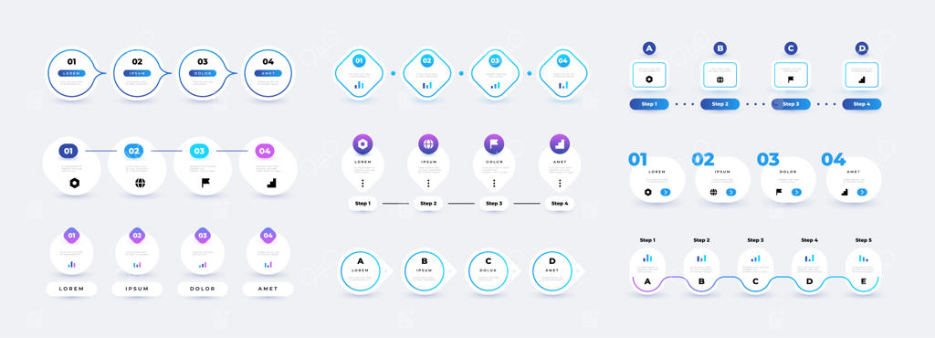 اینفوگرافیک مرحله‌ای: قالب کسب‌وکاری نمودار جریان با ۴ عنصر - بنر گرافیک تایم‌لاین مربع و دایره‌ای، پیش‌نمایش ارائه مدرن وکتور