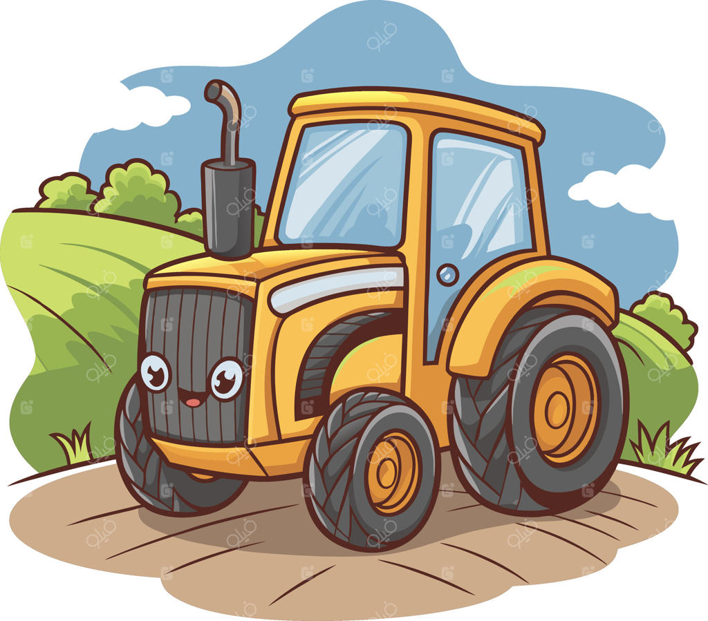 تصویرسازی تراکتور کارتونی بامزه در مزرعه برای طرح‌های کودکانه