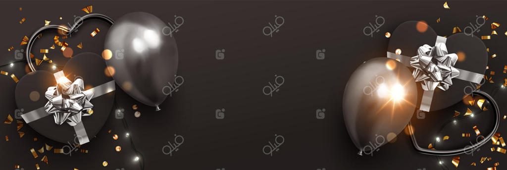 طرح پس‌زمینه جشن با نورهای درخشان رشته‌ای، جعبه‌های هدیه قلبی شکل، بادکنک‌های مشکی و کاغذ رنگی طلایی. پوستر تعطیلات، کارت‌های تبریک، سرصفحه‌های وبسایت. برداری سازی