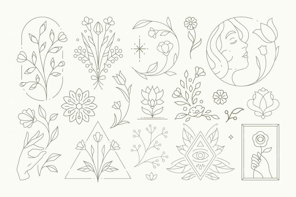 مجموعه نشان‌های گیاهی اسرارآمیز سیاه و سفید دست‌کشیده برای زیبایی زنانه و سالن اسپا و تندرستی