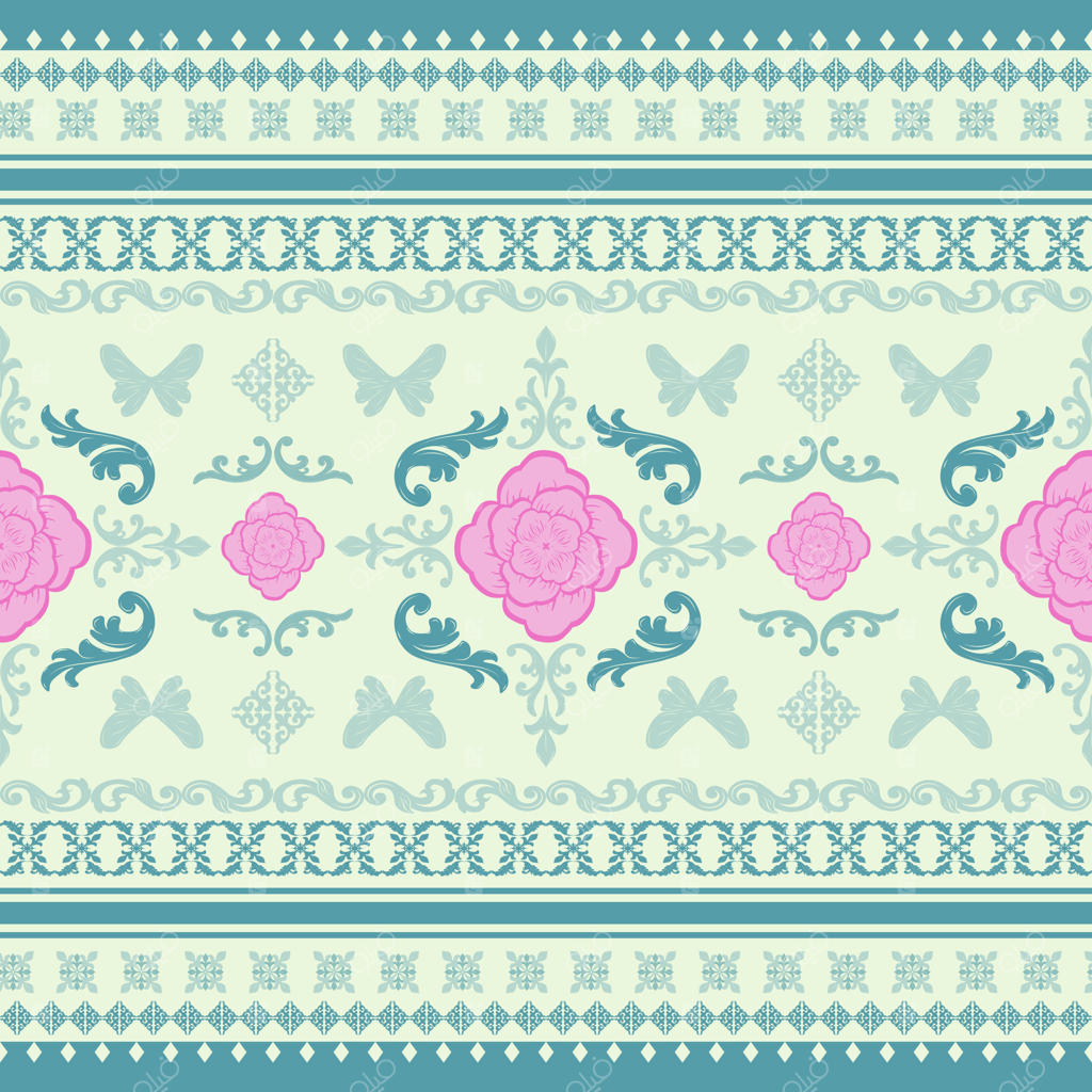 پترن دوخت و گلدوزی پیوسته گل باغچه رز صورتی و پروانه. طراحی طبیعی گیاهی بر روی رنگ نعنایی ملایم. مناسب برای دستبافت فرش، پارچه، و لباس‌های خاص.