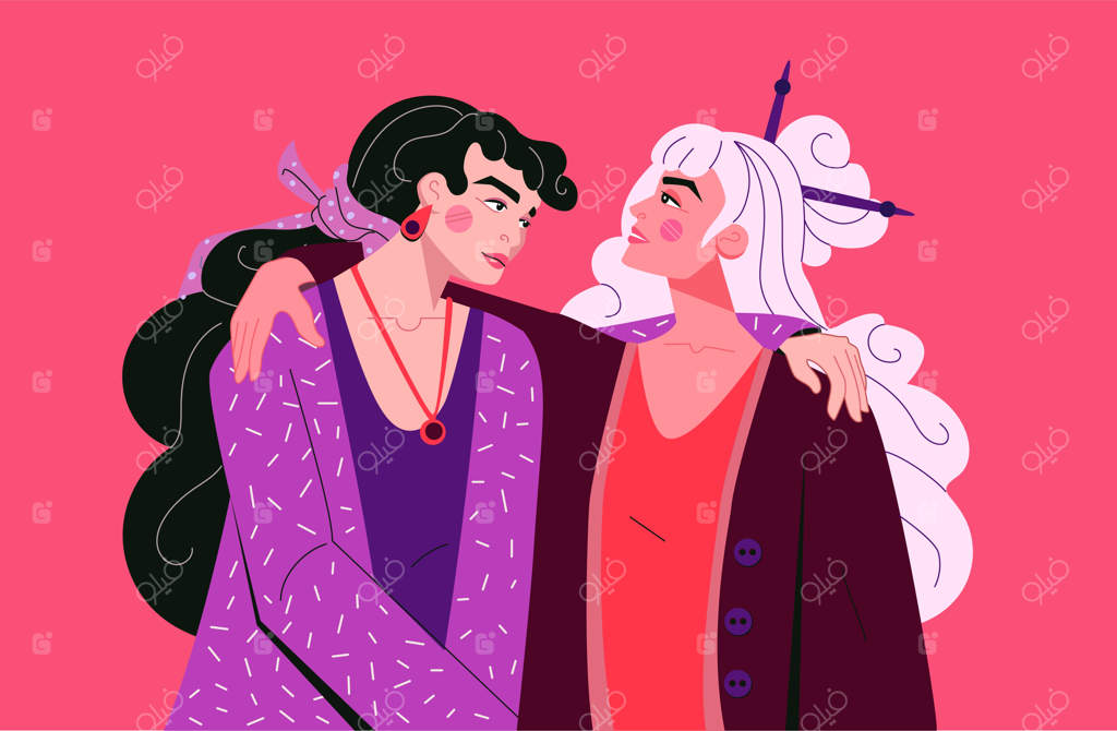 دو زن در آغوش هم دوستان همدیگر را بغل می‌کنند چهره شاد دختران روز جهانی زن توجه و حمایت خانم‌ها خواهرانه دست‌های یاری همبستگی زنان رأی زنان کارتونی وکتوری