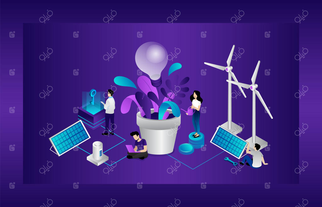 مفهوم سازگار با محیط زیست: استفاده زنان و مردان از انرژی‌های جایگزین. فناوری‌های صرفه‌جویی در انرژی و دوستدار طبیعت. لامپ بزرگ، پنل‌های خورشیدی، توربین‌های بادی. کارتون