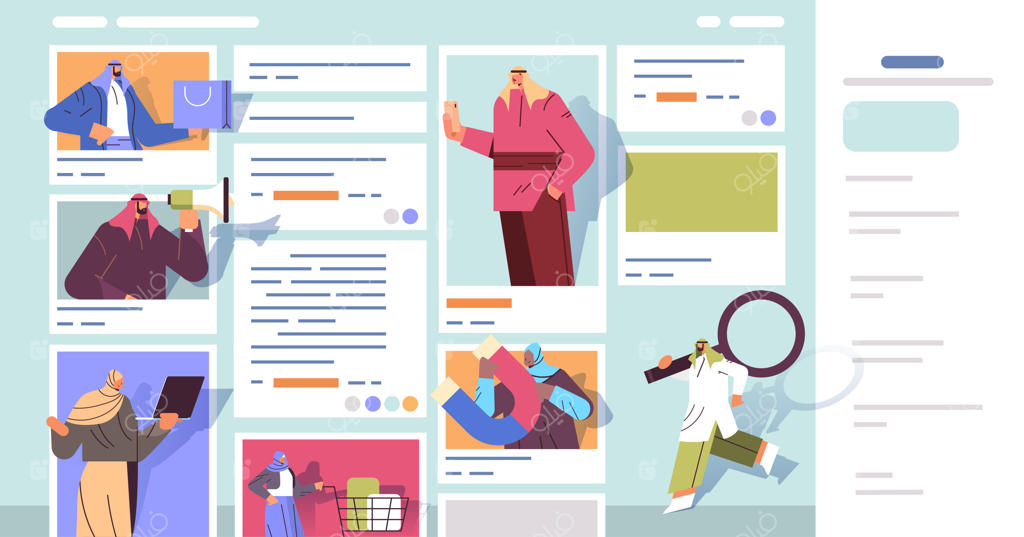 مردم عرب در مرورگرهای وب با استفاده از برنامه‌های کامپیوتری - مفهوم بازاریابی دیجیتال - تصویر سازی افقی