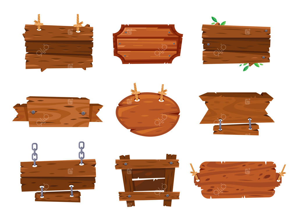 تابلوهای کارتونی از تخته‌های چوبی و بنرهای چوبی قهوه‌ای.