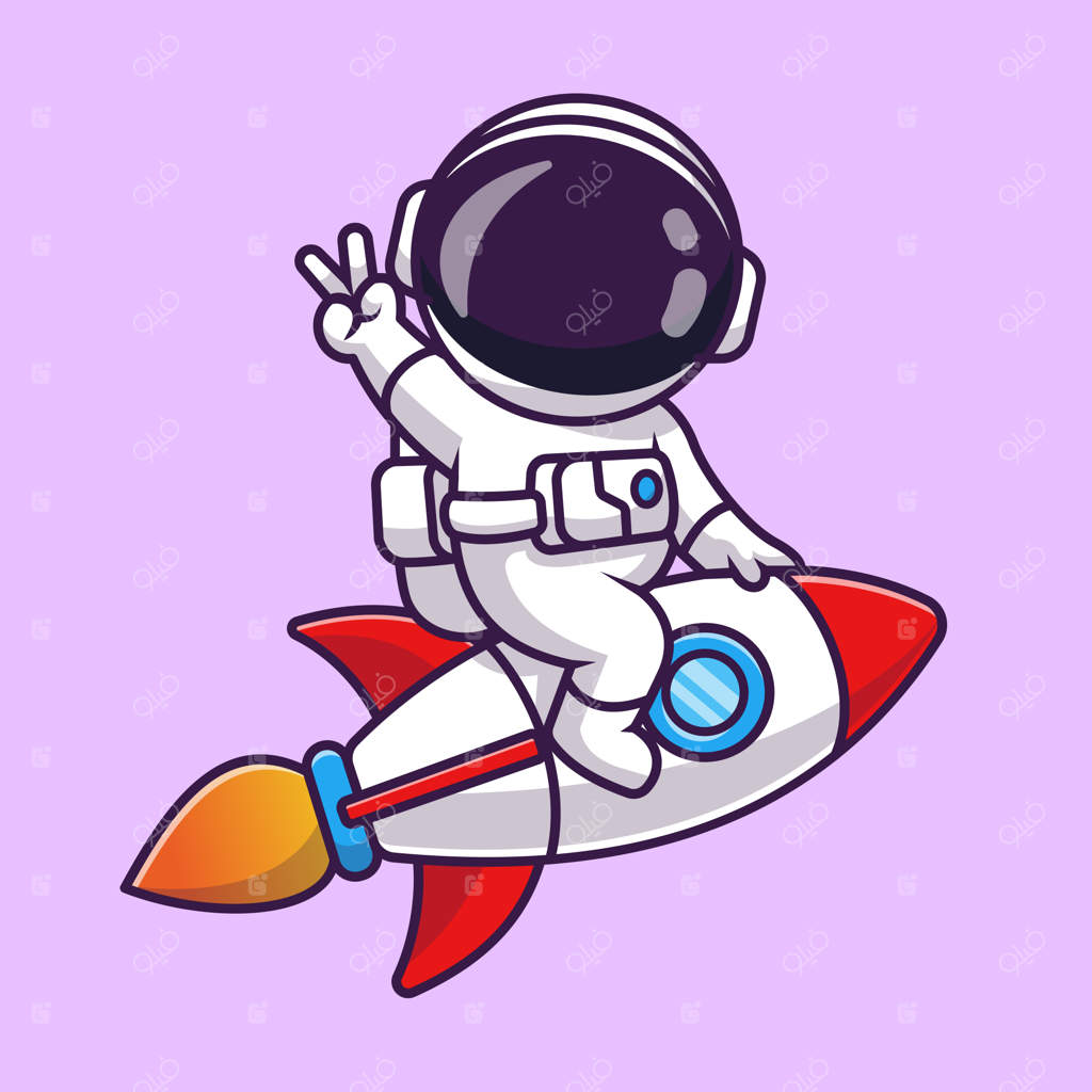 تصویر کارتونی بامزه از فضانوردی که با علامت صلح سوار موشک است - نماد وکتور علم و فناوری.