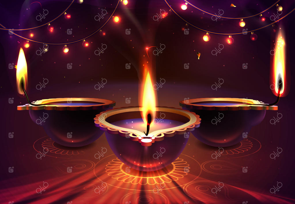 پس‌زمینه جشن دیوالی با شمع‌های دیا و رنگولی واقع‌گرایانه