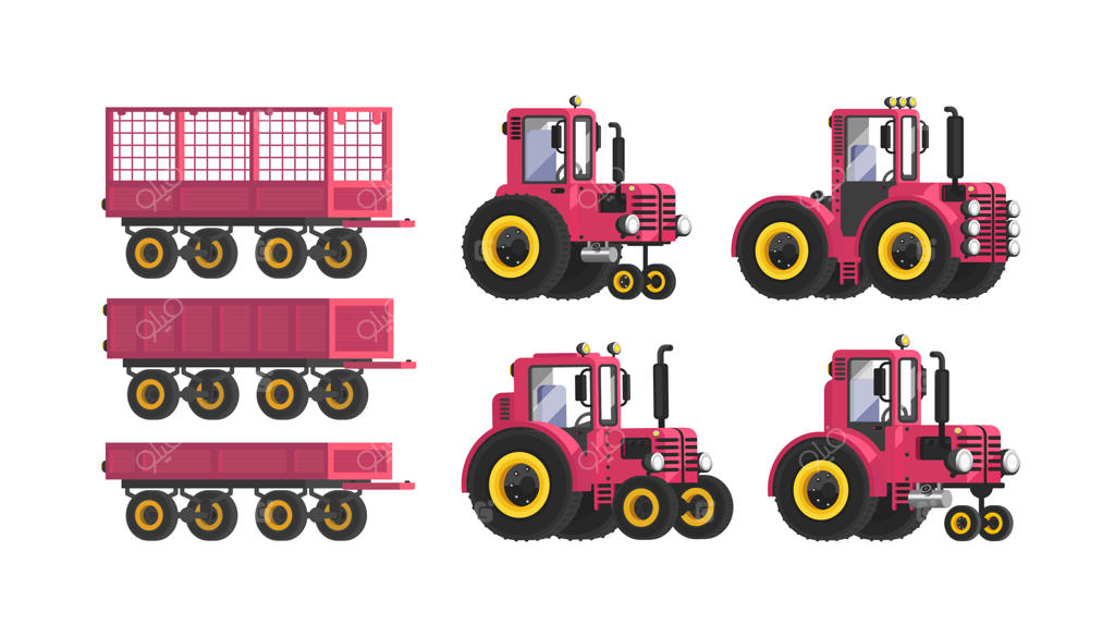 تراکتور و تریلر: مجموعه‌ای از تجهیزات کشاورزی. نمایش به سبک تخت.