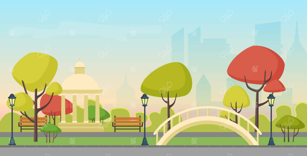 پارک عمومی پاییزی با پس‌زمینه آسمان‌خراش‌های مدرن شهر