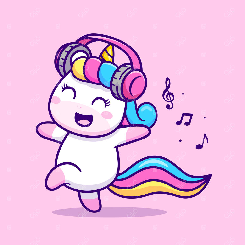 ایکن کارتونی اسب تک‌شاخ بامزه در حال گوش دادن به موسیقی. مفهوم آیکن موسیقی حیوانی. وکتور کارتونی تخت.