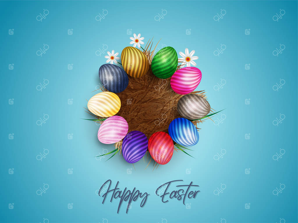 عید پاک مبارک. تخم‌مرغ‌ها در میان علف خشک با گل‌های سفید جدا شده‌اند