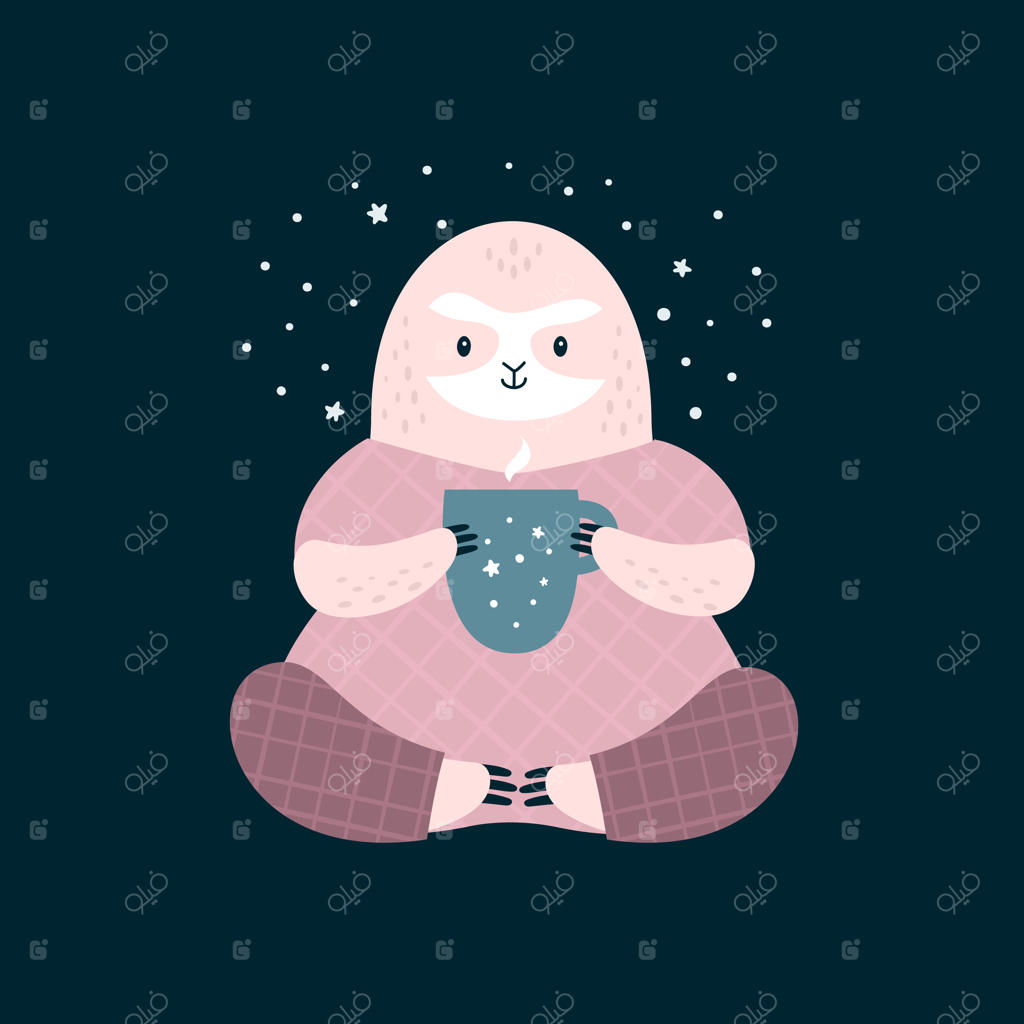 تنبلی بامزه با لباس خواب و فنجان