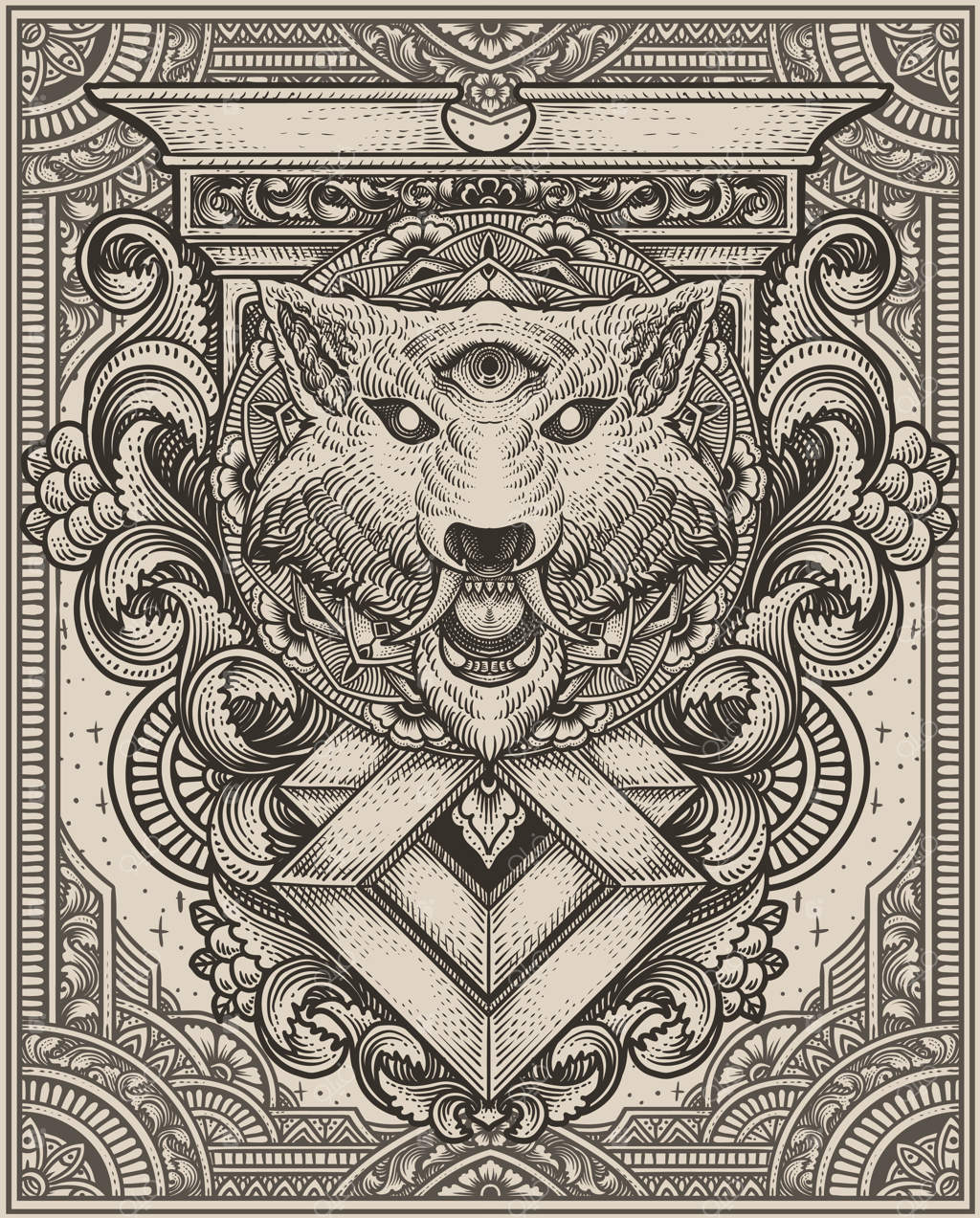 سر گرگ خشمگین با سبک حکاکی عتیقه - مناسب برای کالا و تی‌شرت شما