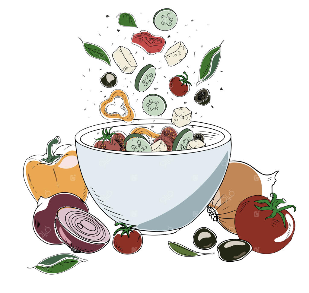 تصویر رنگارنگ و دست‌کشیده از دستور تهیه سالاد یونانی روی زمینه سفید