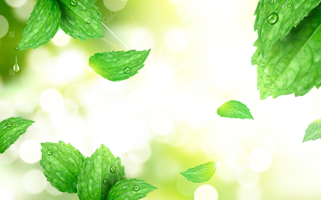 پس‌زمینه‌ای با بلیت نعناع فلفلی، برگ‌های تازه در صحنه‌ای از پارک صبحگاهی با پرتو‌های خورشید، تصویرسازی سه‌بعدی