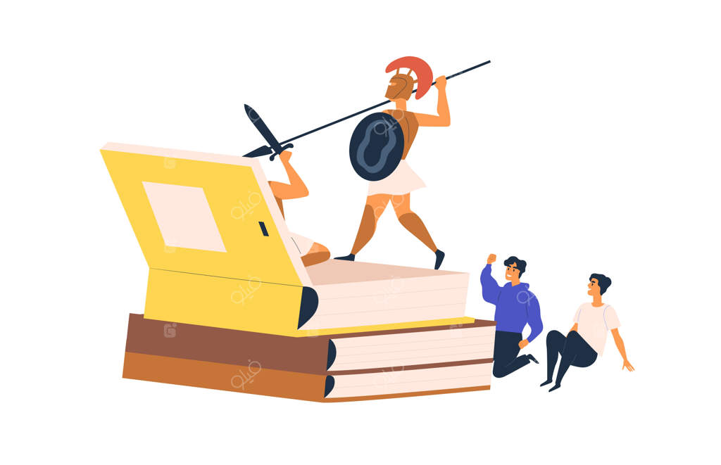 نوجوانان شاد و هیجان‌زده با کتاب افسانه‌های شگفت‌انگیز شوالیه‌ها. مردم و ادبیات داستانی. مفهوم خواندن و تخیل. طراحی تخت وکتور.