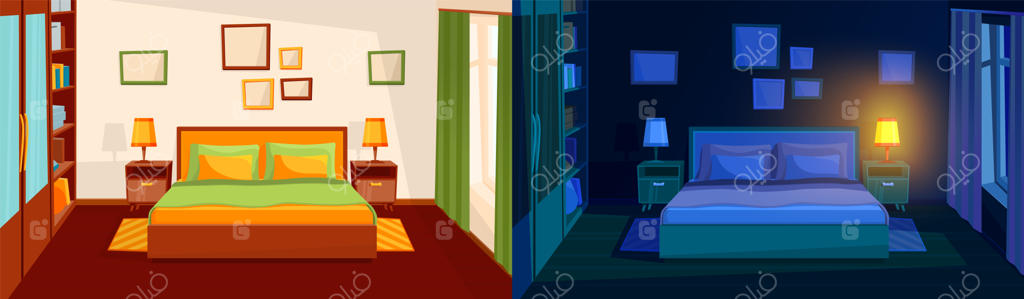 طرح داخلی اتاق خواب: روز و شب، تخت‌خواب، لامپ و کمد - فضای دنج خواب و صبح‌ بخیر - طراحی آپارتمان، تصویرسازی وکتور