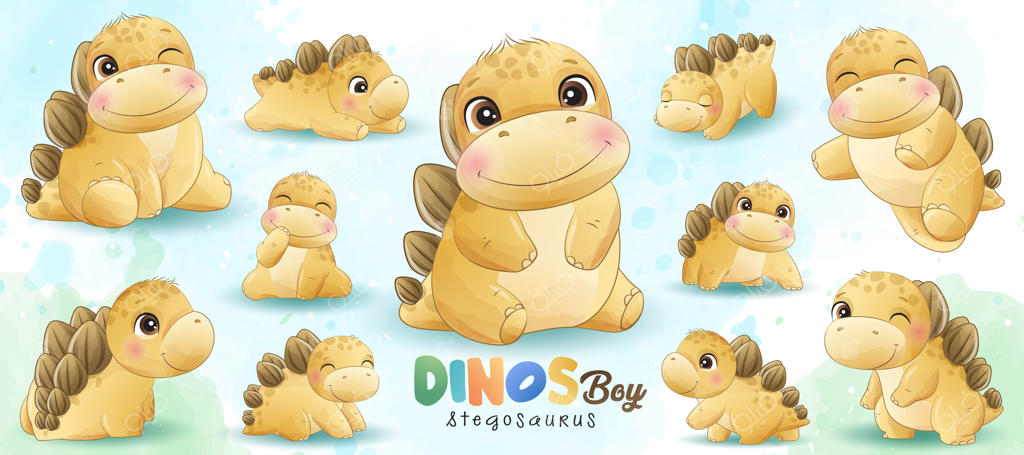 ژست‌های دایناسور بامزه با تصویرسازی آبرنگی