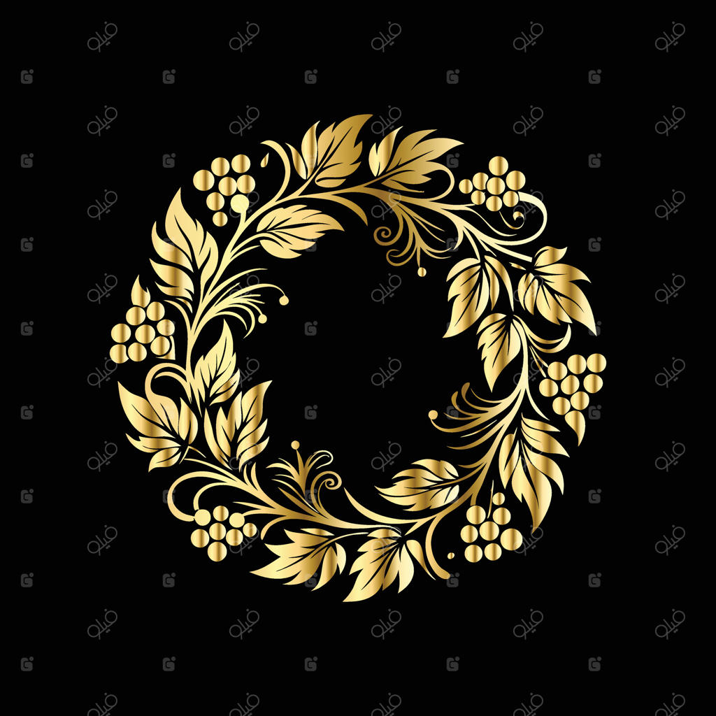 تاج طلایی با انگور و برگ‌ها روی پس‌زمینه مشکی