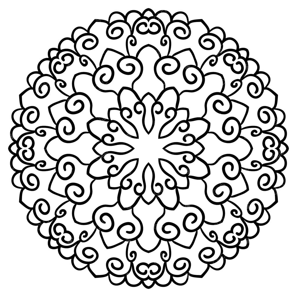مندالای گل با حاشیه سیاه: عنصر دایره‌ای تزیینی مناسب برای کتاب رنگ‌آمیزی، با پس‌زمینه سفید. دایره هندسی گل‌دار.