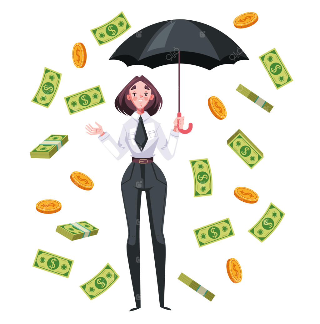 شخصیت‌های تجاری زیر باران پول با چتر - طراحی گرافیک