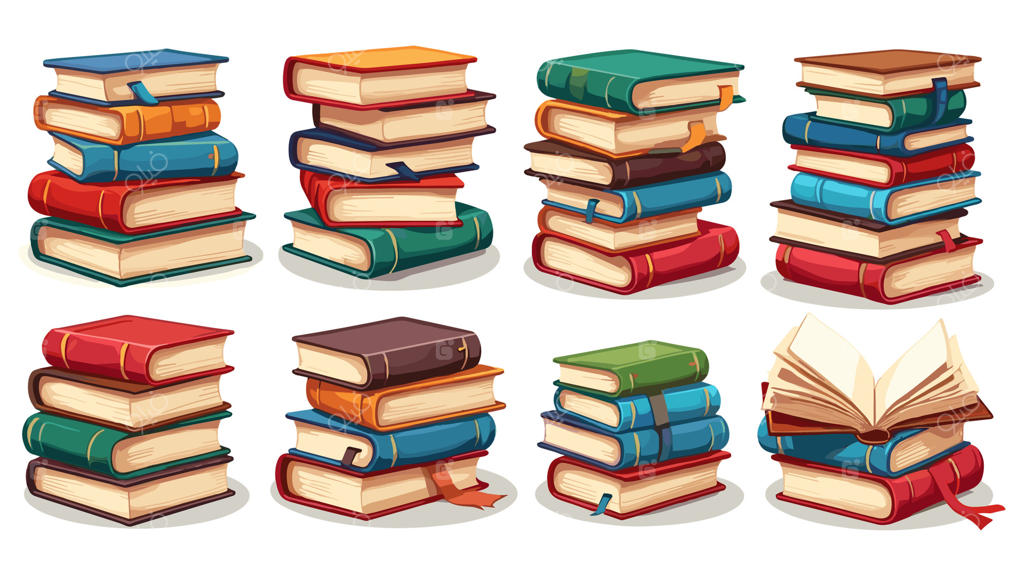 مجموعه‌ای از کتاب‌ها برای خواندن، انبوهی از کتاب‌های درسی برای آموزش. مجموعه‌ای از ادبیات، فرهنگ لغت‌ها، دانشنامه‌ها و برنامه‌ریزها با نشانک. تصویرسازی رنگارنگ و ساده در پس‌زمینه سفید.