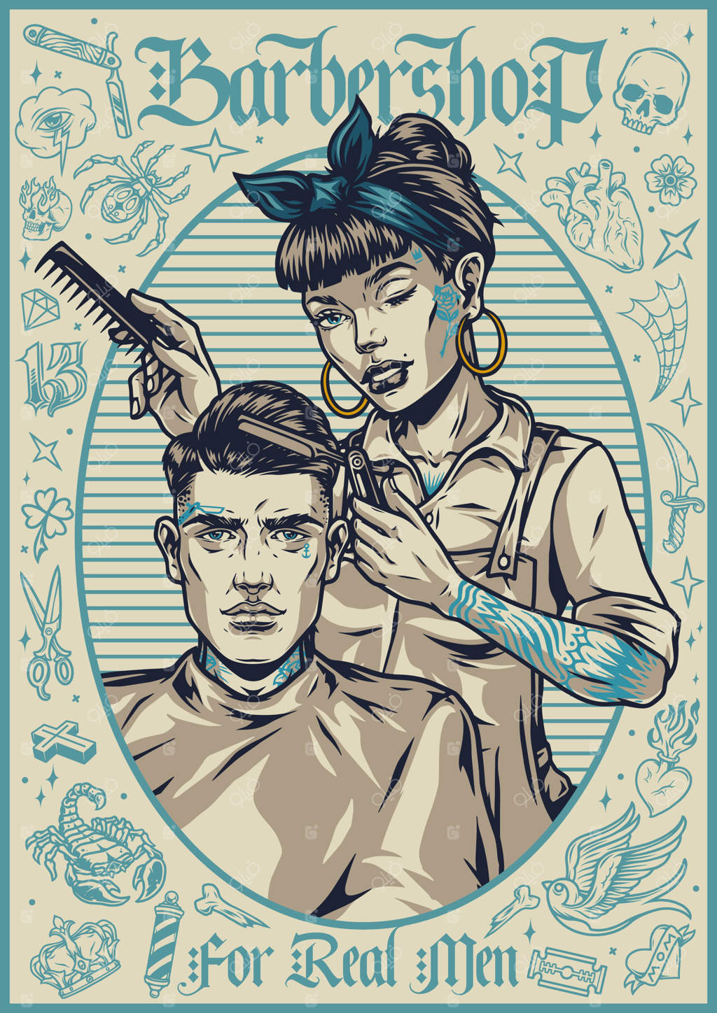 پوستر کلاسیک آرایشگاه با تتوهای مختلف و آرایشگر زنی زیبا که با لبخند مردی را اصلاح می‌کند