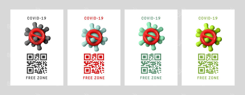 منطقه بدون کووید: سیستمی برای بررسی، نظارت و ثبت کدهای QR برای تأیید واکسیناسیون COVID-19. محدودیت‌های ویروس کرونا. تصویرسازی سه‌بعدی واقع‌گرایانه از سلول‌های ویروسی.
