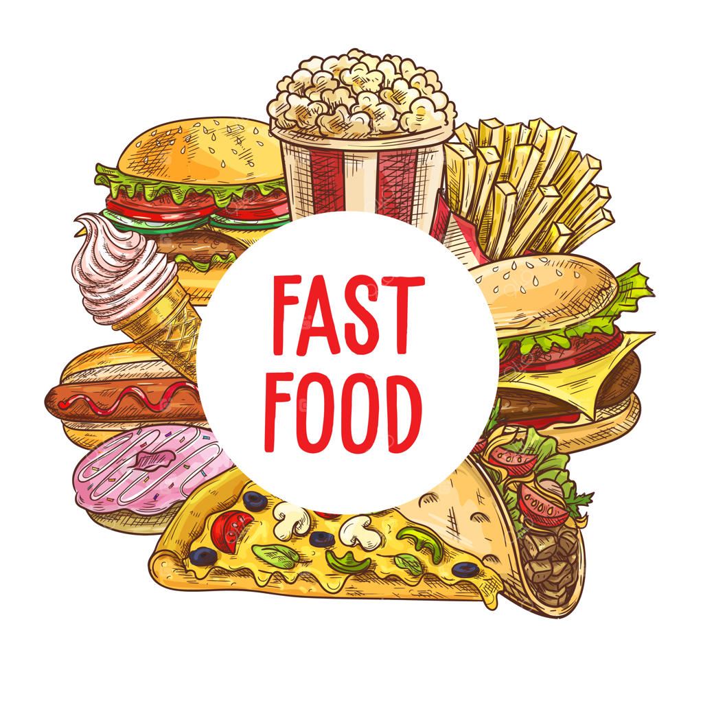 وکتور طرح دستی فست فود، پیتزا، برگر و دسر