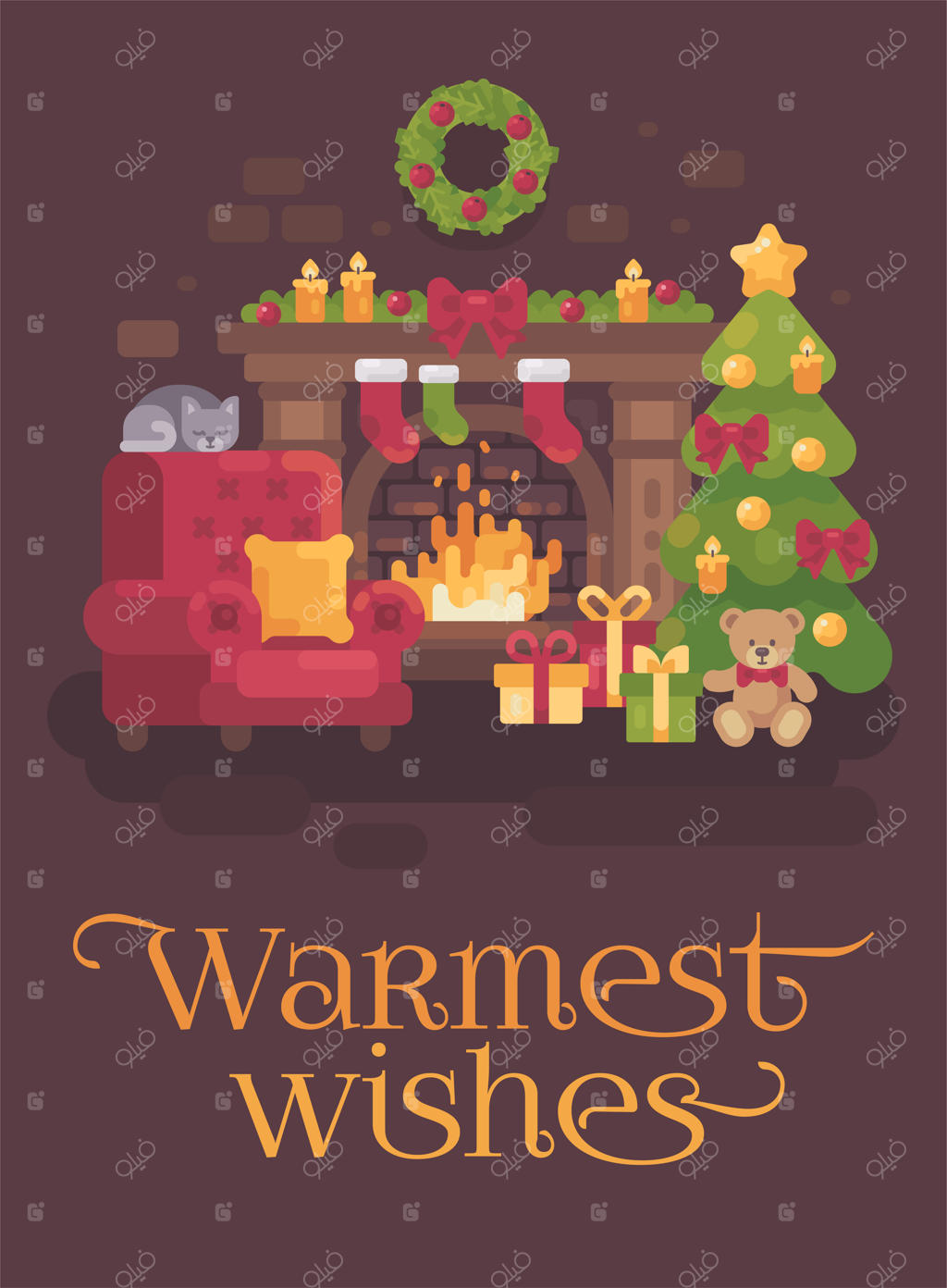 اتاق دنج کریسمسی با شومینه، صندلی راحتی، درخت کریسمس و گربه‌ای خوابیده. تعطیلات مبارک