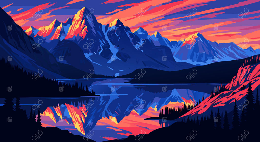 انعکاس کوه‌ها در دریاچه آرامش هنگام غروب - تصویرسازی منظره