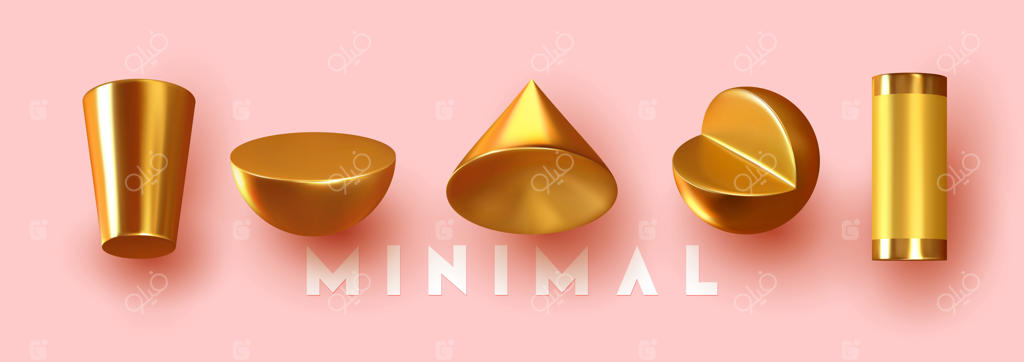 پوستر مدرن خلاقانه با پس‌زمینه مینیمال و اشکال سه‌بعدی هندسی اشیاء فلزی.