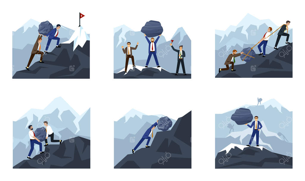 مجموعه قالب‌های وکتور: بیزینسمن سنگ‌ها را هل می‌دهد - مفهومی برای مدیران فعال در کسب‌وکار