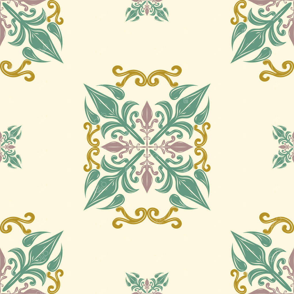 کاغذ دیواری با طرح زیبای نقوش باستانی باغ بابل، الهام گرفته شده از طرح‌های سنتی بر زمینه کرم روشن. طراحی سبز گرم و سرد با طلایی و بنفش مایل به صورتی تیره برای تزئینات ظریف و پس‌زمینه یونانی.