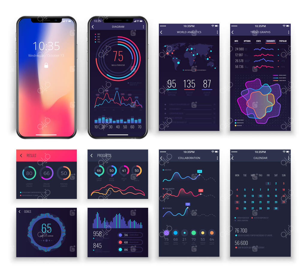 قالب‌های رابط کاربری اپلیکیشن موبایل با نمودارها و دیاگرام‌ها.