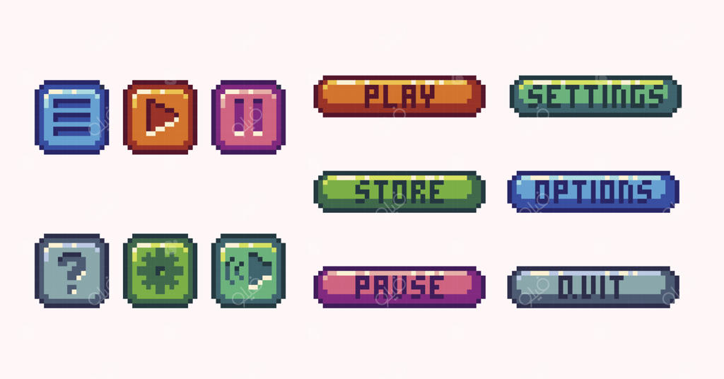 مجموعه دکمه‌های منوی پیکسل‌آرت: مجموعه پنل‌های منو. پخش، توقف، فروشگاه، تنظیمات، گزینه‌ها،