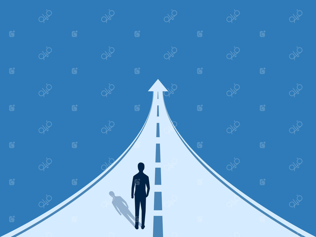 تاجر در حال حرکت بر روی جاده با فلشی به سمت بالا