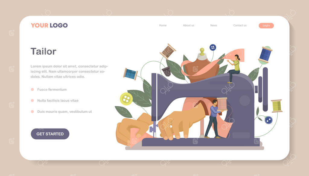 قالب صفحه فرود یا بنر وب: خیاط مشغول دوخت با چرخ‌خیاطی و کار با مانکن. تصویر وکتور.