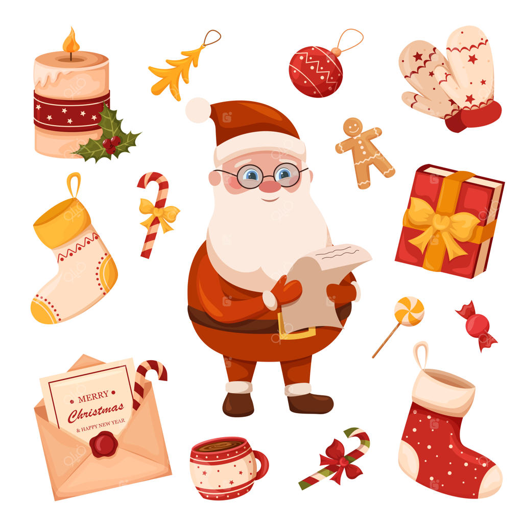 مجموعه‌ای از اقلام کریسمس: بابانوئل، درخت کریسمس، اسباب‌بازی‌های تعطیلات، شیرینی‌ها و تزئینات سال نو