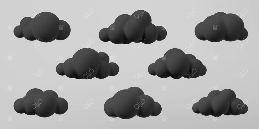 مجموعه‌ ابرهای تیره سه‌بعدی مجزا بر روی پس‌زمینه خاکستری. آیکون کارتونی و نرم از ابرهای سیاه، غبار یا دود تاریک. تصویرسازی وکتور با اشکال هندسی سه‌بعدی.