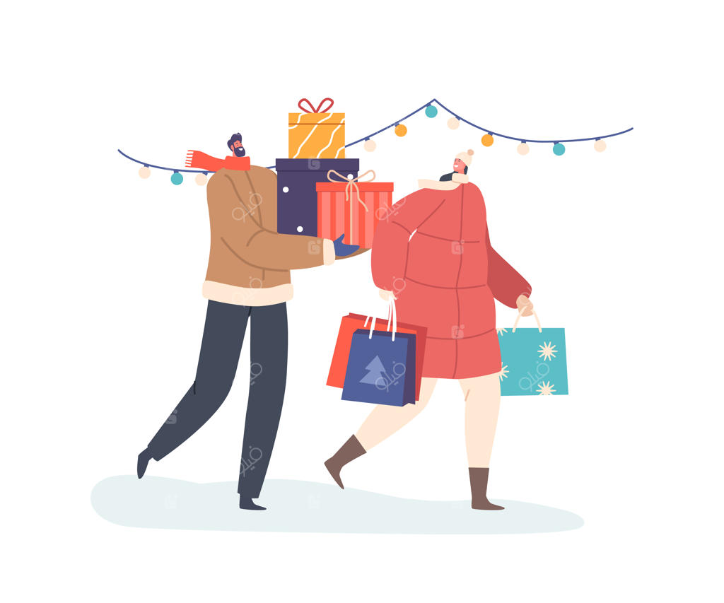 زوج خوشحال مرد و زن جعبه‌های کادو با روبان جشن و کیسه‌ها را حمل می‌کنند و برای هدایا آماده می‌شوند